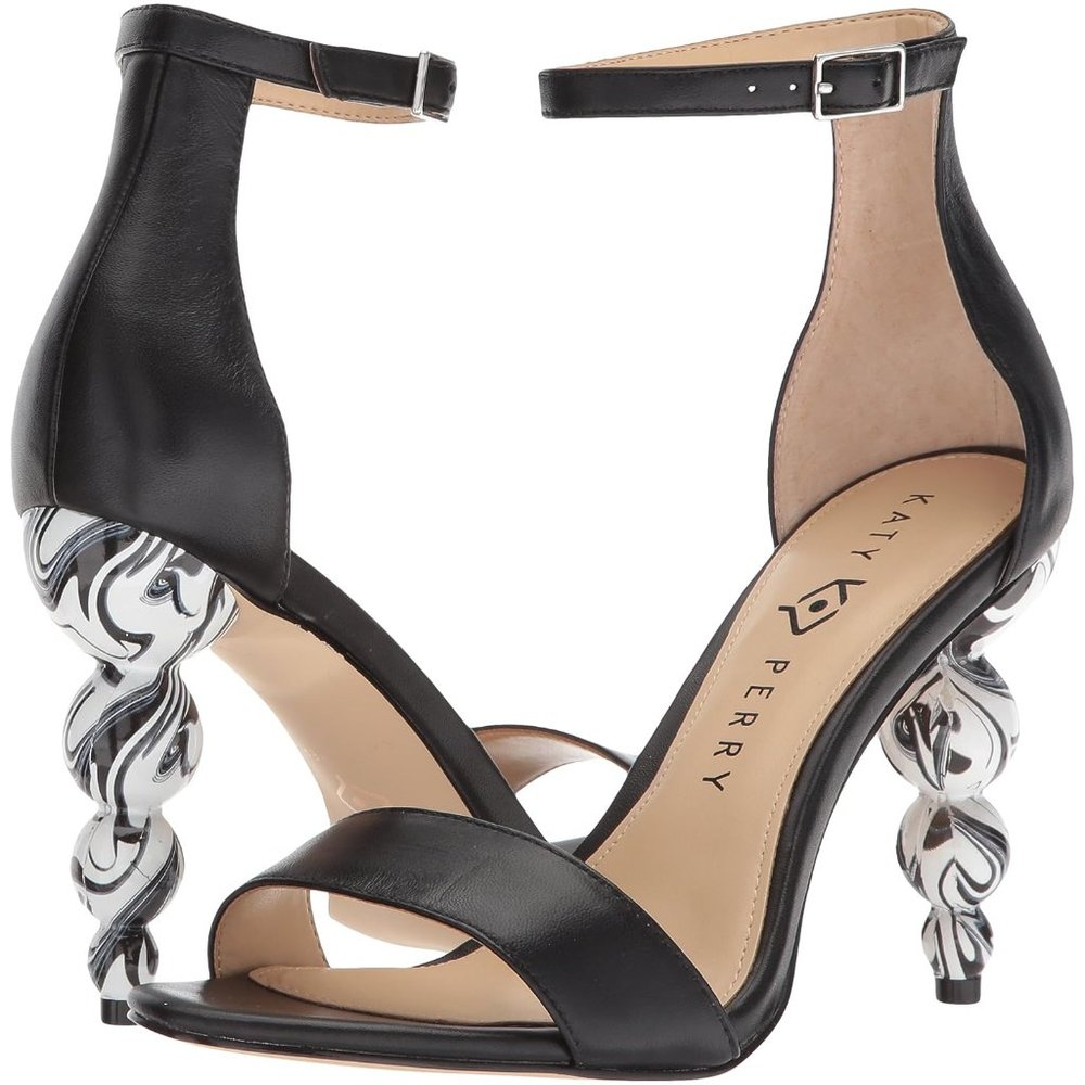 Katy Perry "The Tabitha" | Black Leather Marble Heel Ankle Strap Sandals | 9